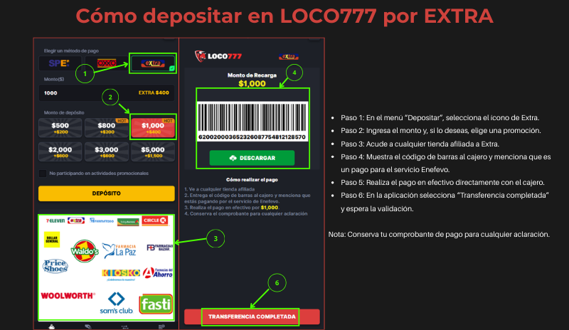 Cómo Depositar y Retirar Dinero en LOCO777: Guía Detallada 5 Cómo depositar en Loco777 por EXTRA